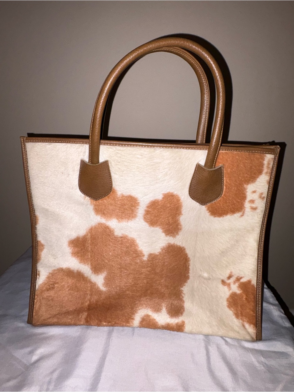 Vintage Tan and Cream fuzzy Cow print Tote with tan trim